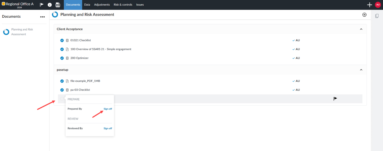 the user interface for signing off as the Preparer in Dcouments